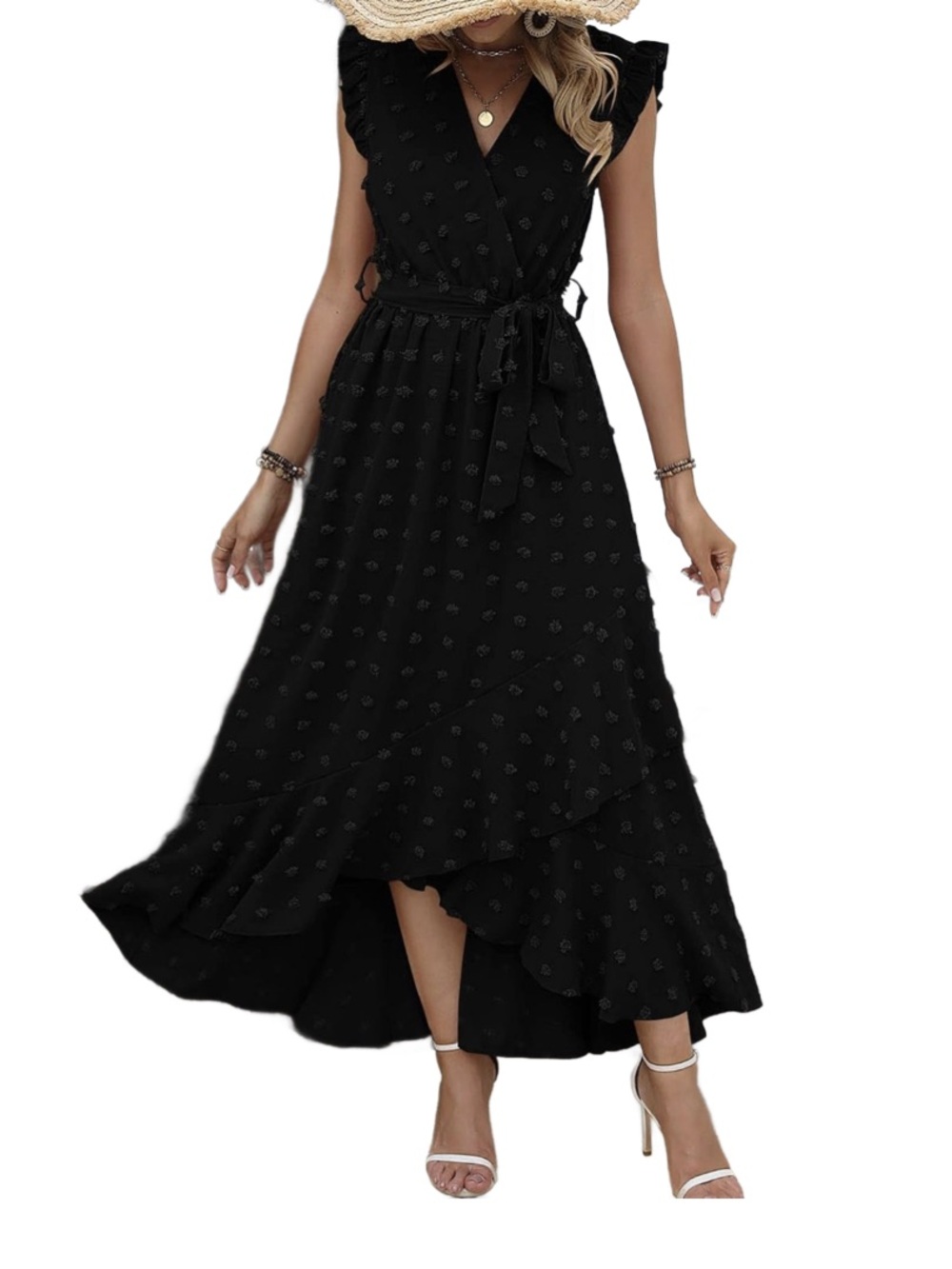 Black Swiss dot Wrap Maxi Dress - Women LG